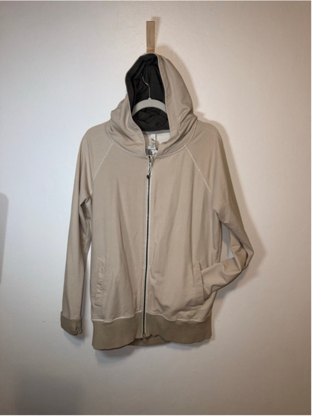 Lululemon Hoodie, Size 8, Beige with Black Accents, back zip vent, thumb holes.